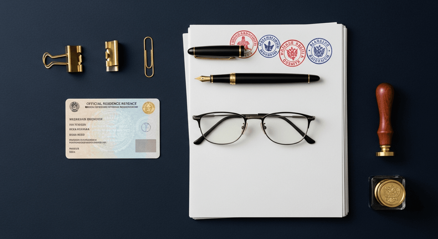 Official German documents and residence permit card in a flat lay