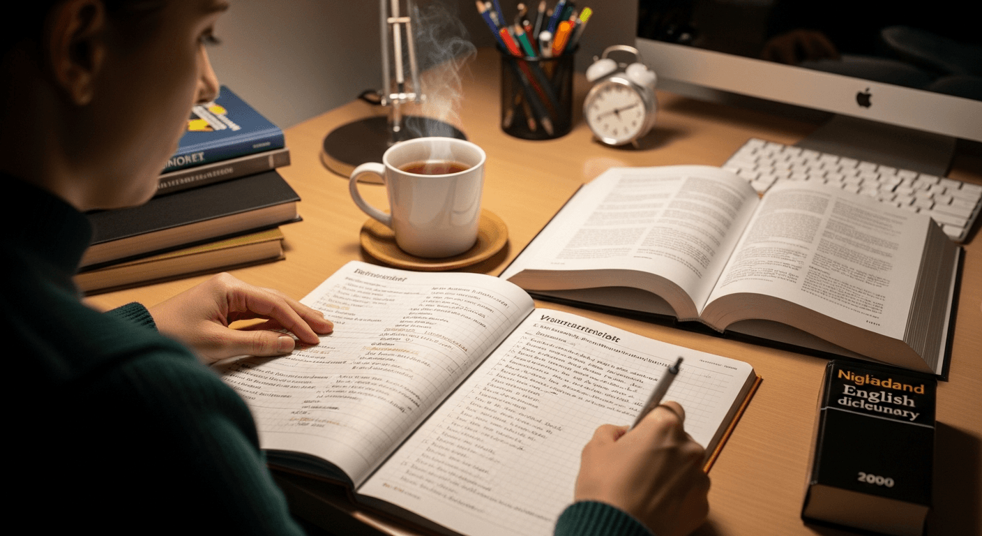 Person lernt Deutsch mit Büchern und Notizblock bei warmem Schreibtischlicht