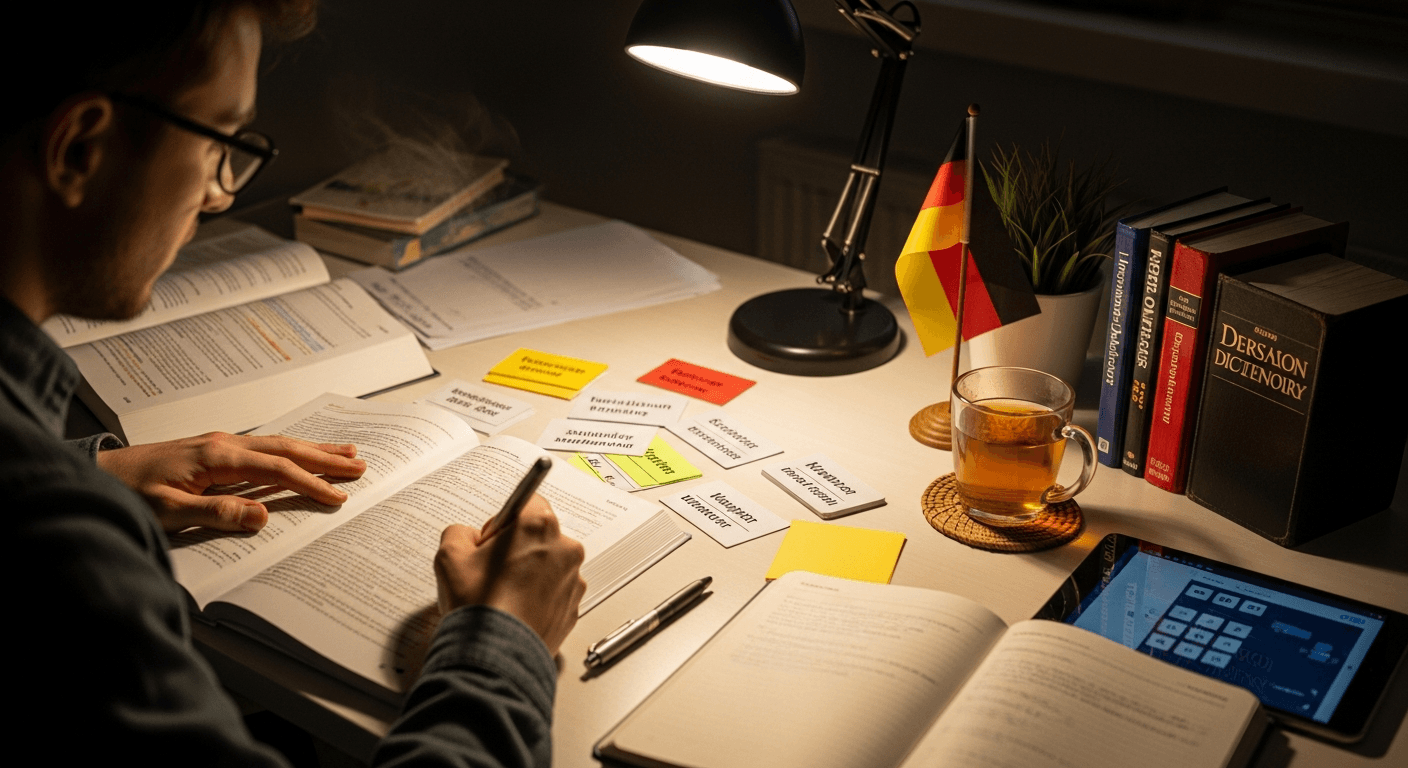 Person lernt Deutsch mit Büchern und Notizblock bei warmem Schreibtischlicht