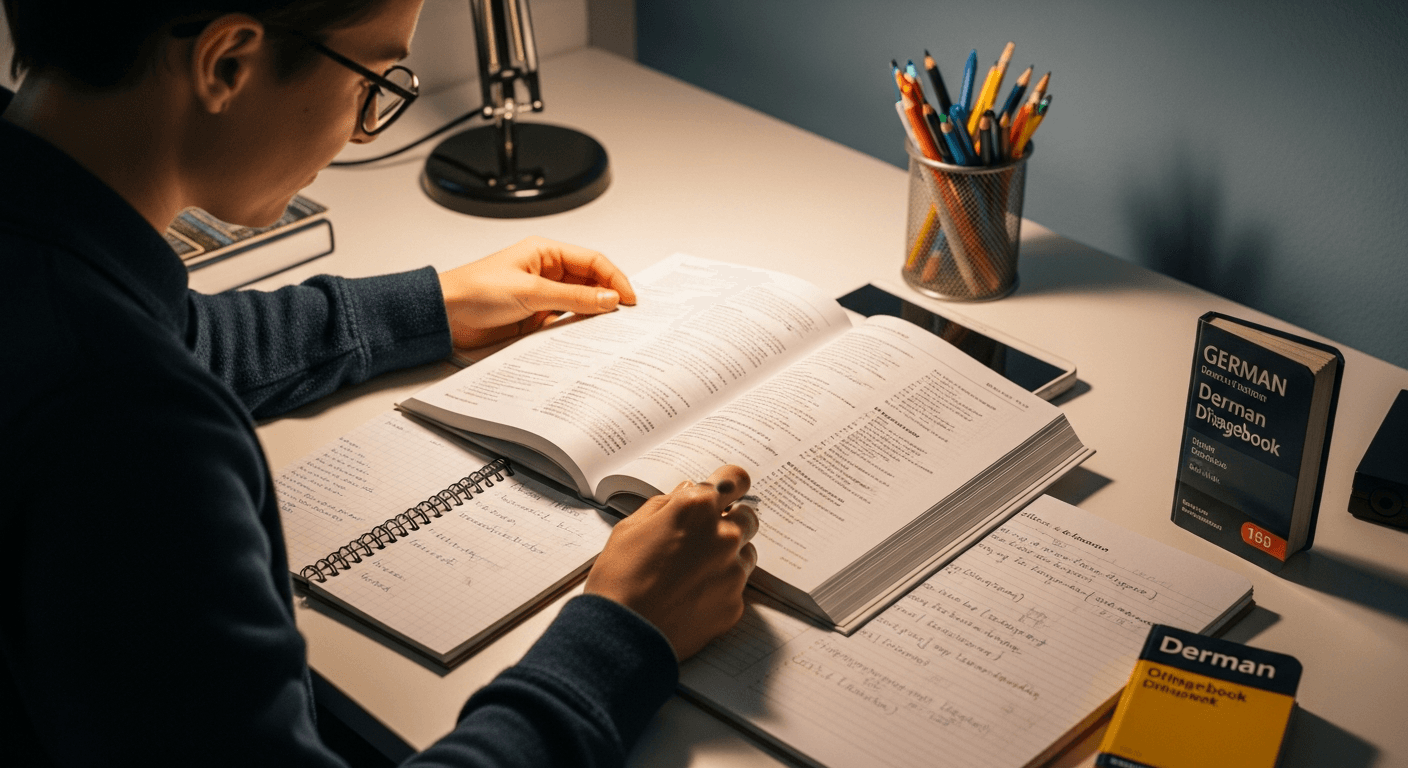 Person lernt Deutsch mit Büchern und Notizblock bei warmem Schreibtischlicht