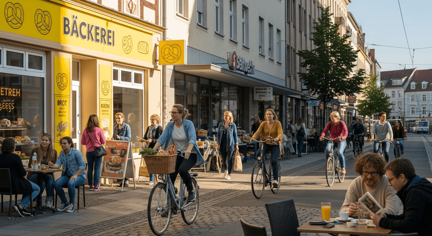 Deutsches Alltagsleben: Bäckerei, Fahrradfahrer, Supermarkt in einer deutschen Stadt