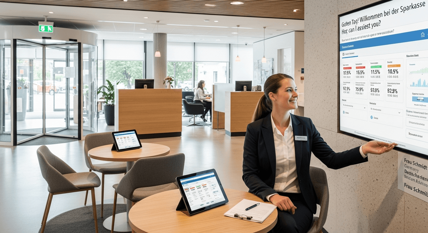 Person eröffnet Bankkonto oder besucht Arzt in Deutschland, professionelle Beratung