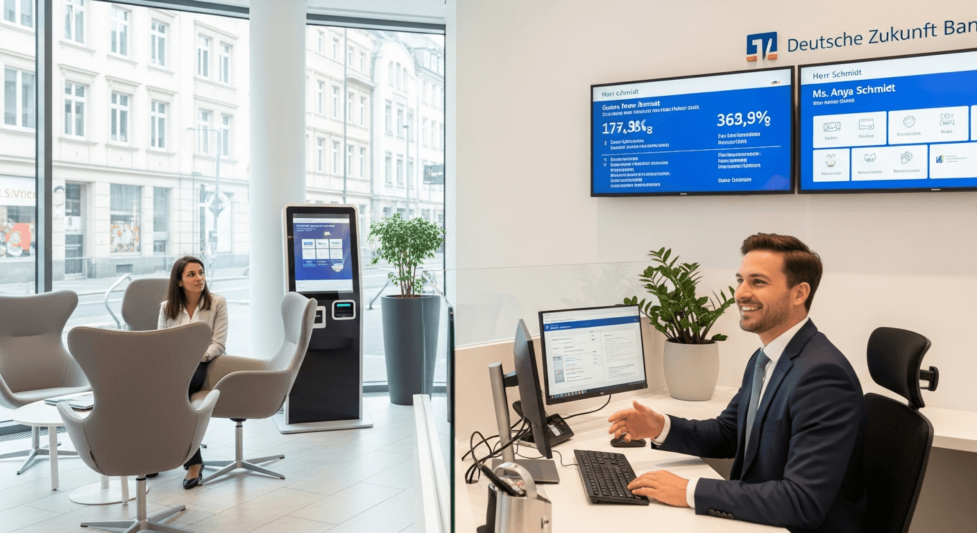 Person eröffnet Bankkonto oder besucht Arzt in Deutschland, professionelle Beratung