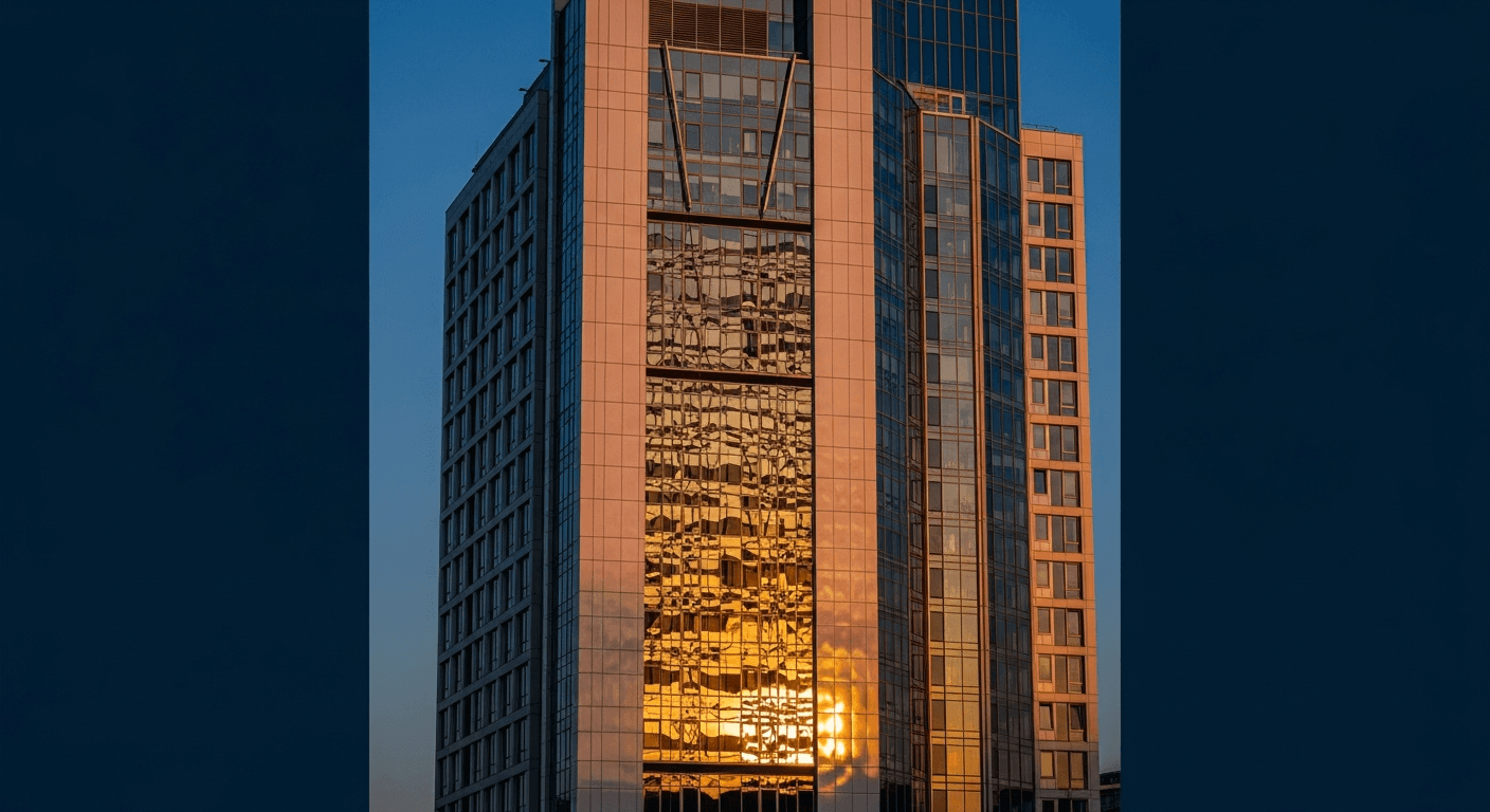 Modern glass office building in Frankfurt financial district at golden hour