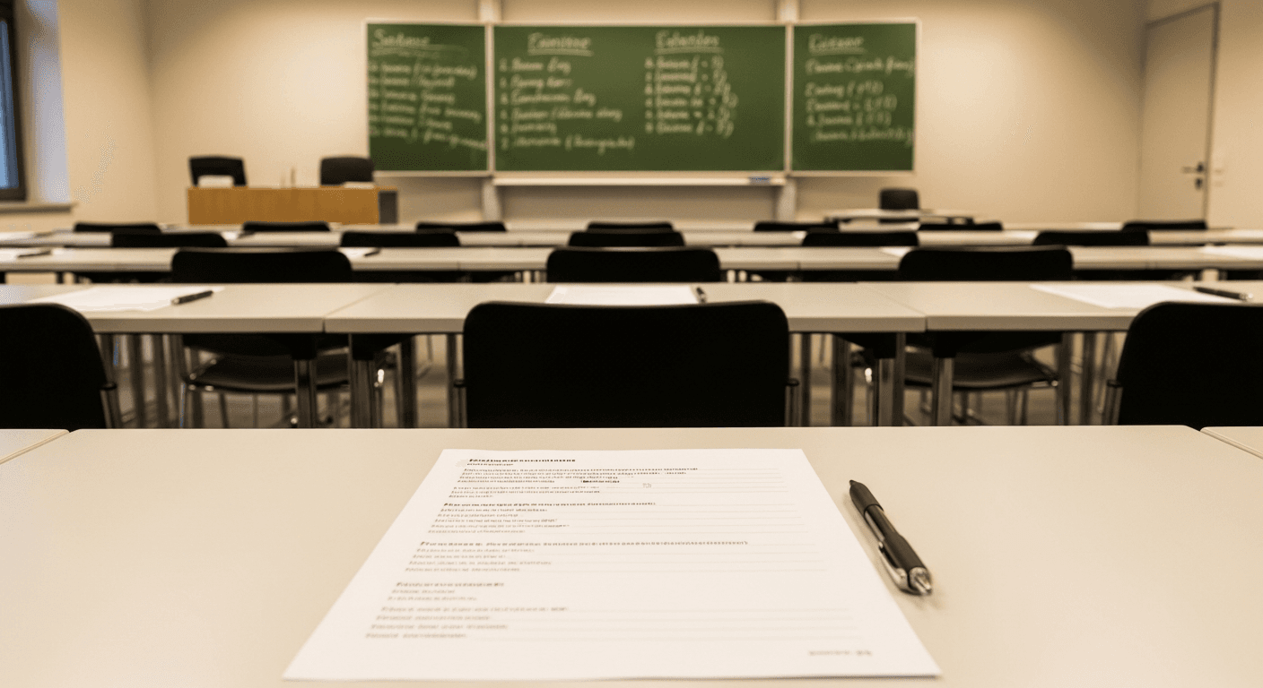 Exam room in a German language school with desks and test papers