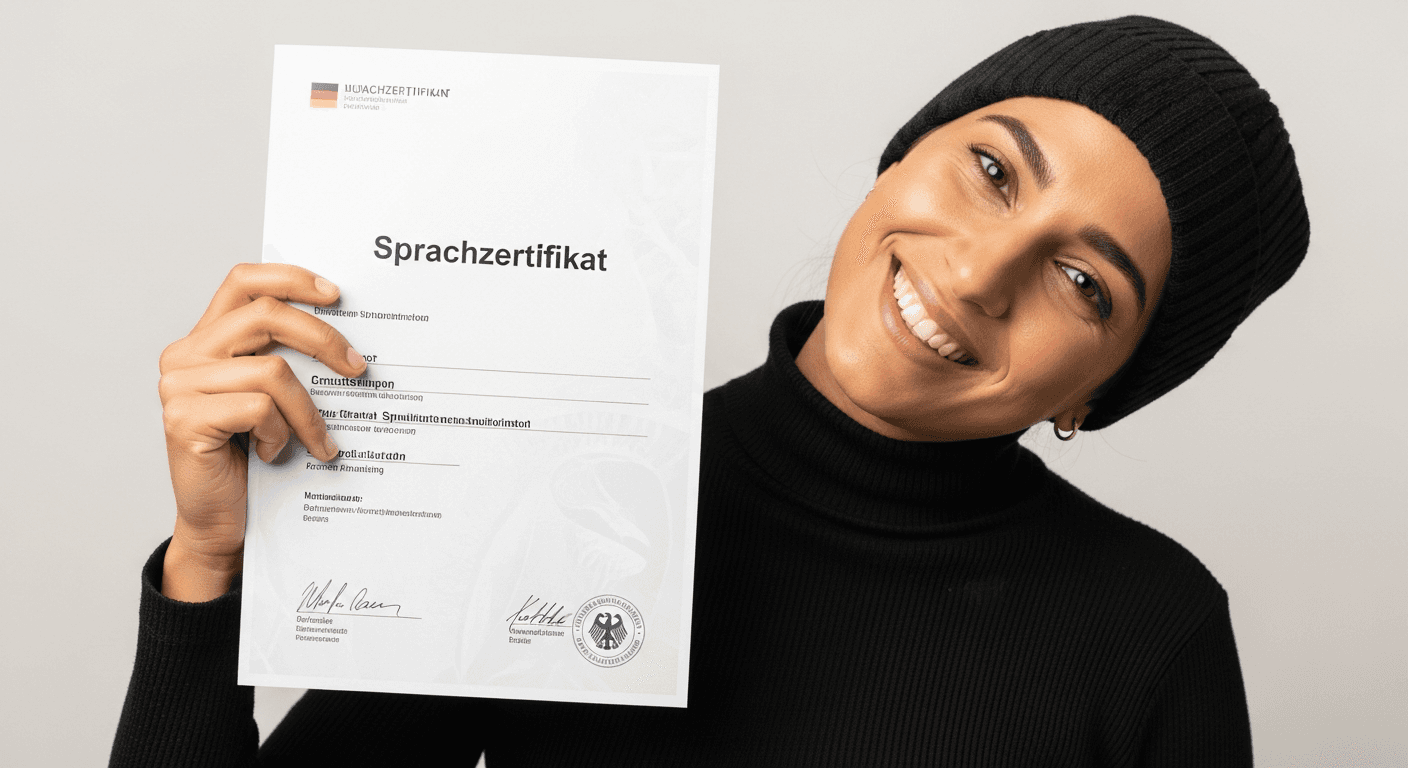 Person hält stolz ihr Deutschsprachzertifikat nach bestandener Prüfung