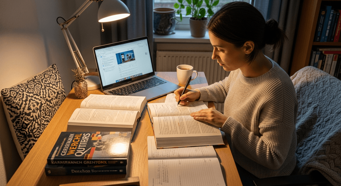 Person bereitet sich mit Büchern auf den Einbürgerungstest in Deutschland vor