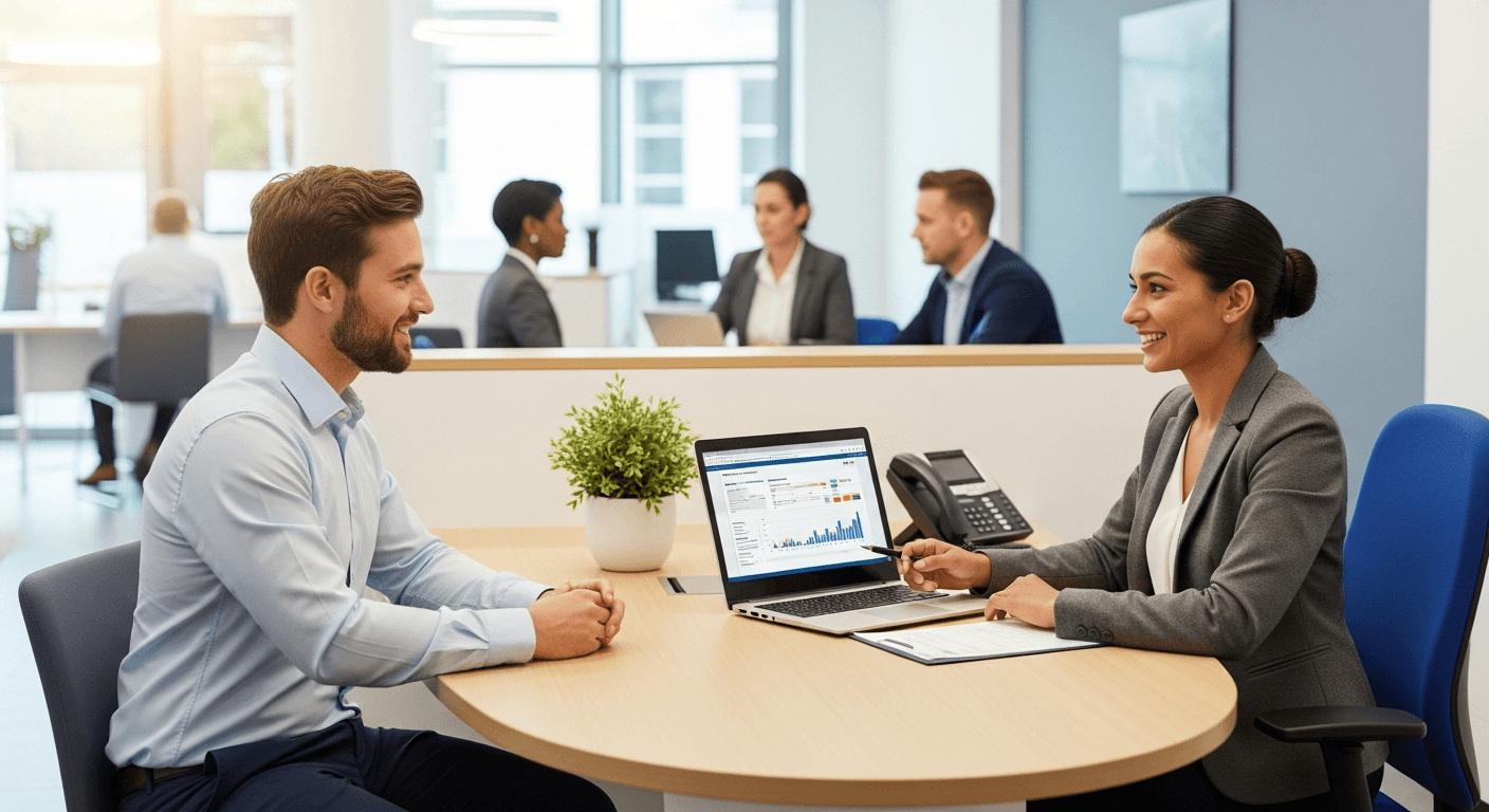 Person eröffnet Bankkonto oder besucht Arzt in Deutschland, professionelle Beratung
