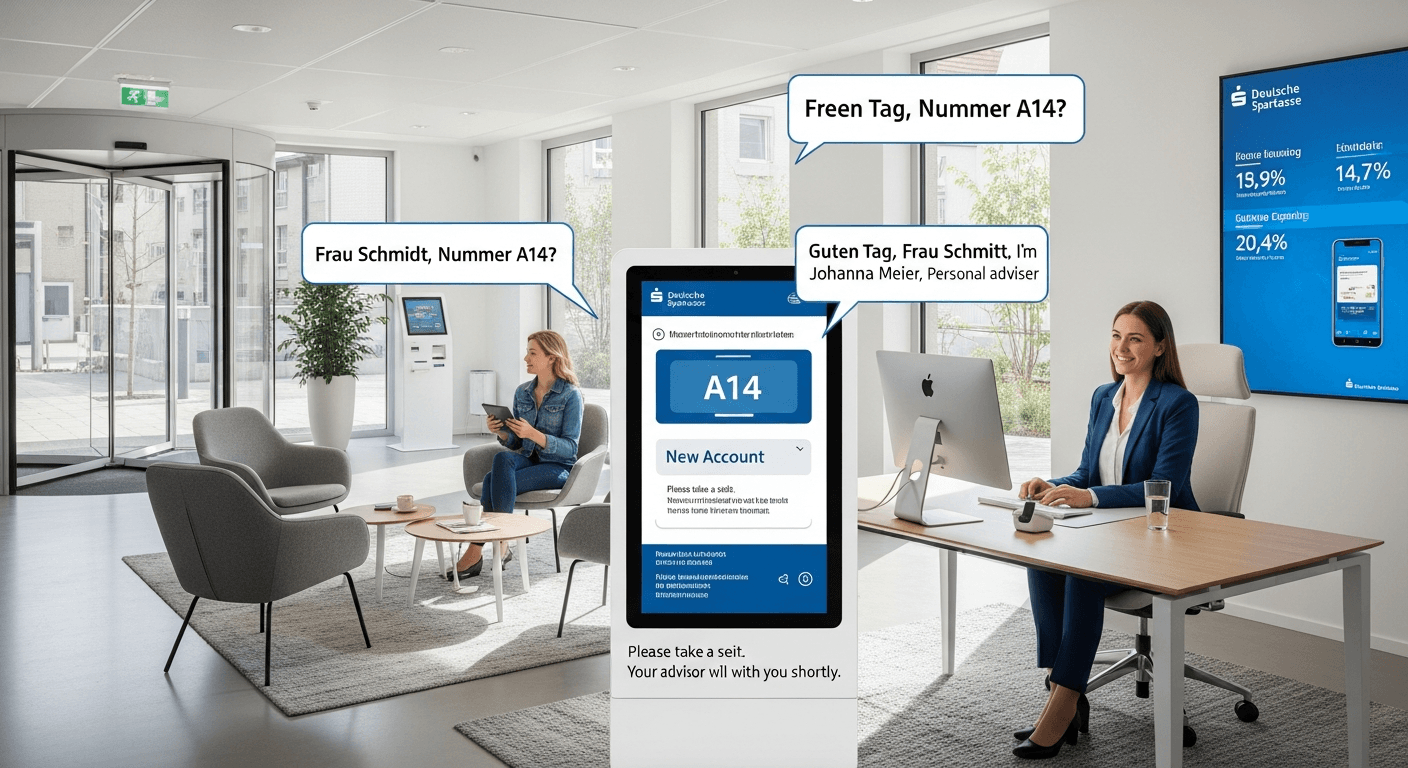 Person eröffnet Bankkonto oder besucht Arzt in Deutschland, professionelle Beratung