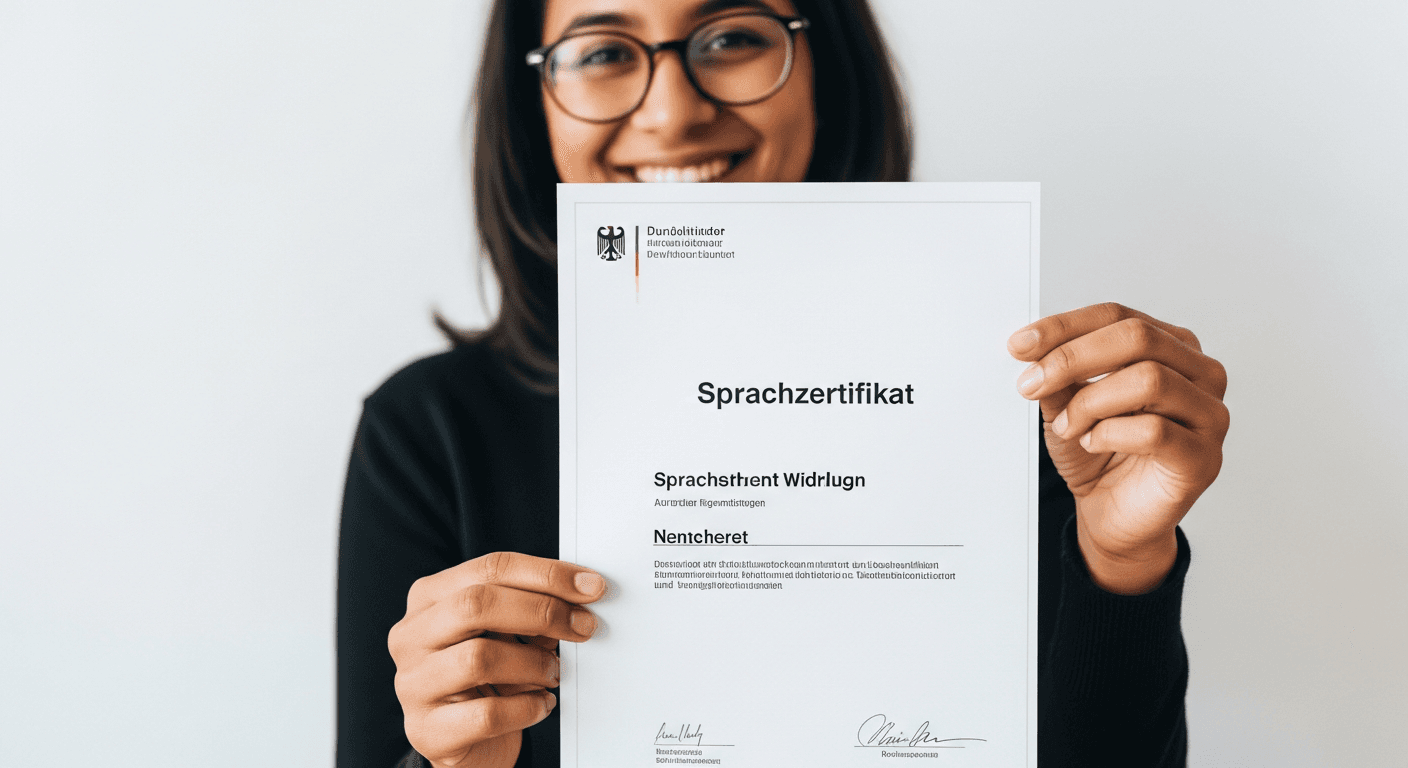 Person hält stolz ihr Deutschsprachzertifikat nach bestandener Prüfung